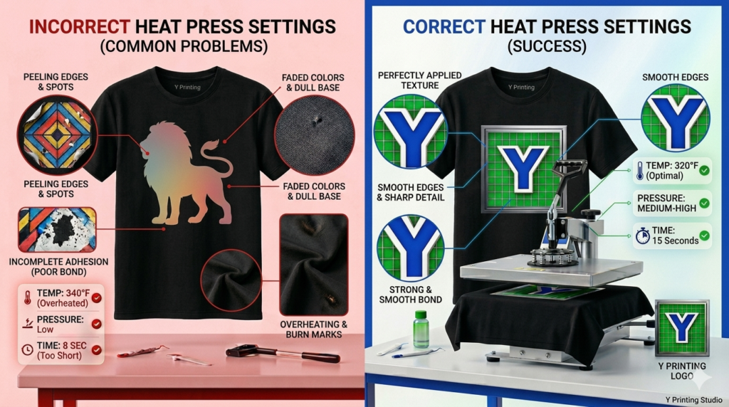 Heat Press Settings for DTF Transfers Correct vs Incorrect Heat Press Settings for DTF Transfers